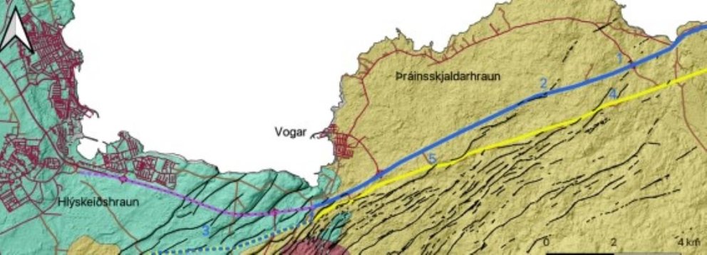 Nærmynd af sprungum og jarðfræði í nágrenni fyrirhugaðrar línulagnar