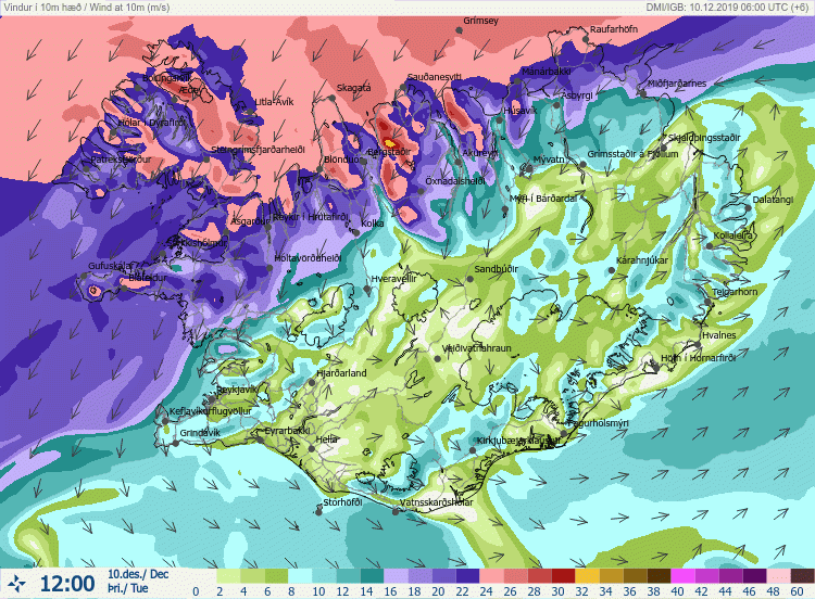 Vindaspá kl. 12.00 þriðjudaginn 10. desember 2019. Af vef Veðurstofu Íslands