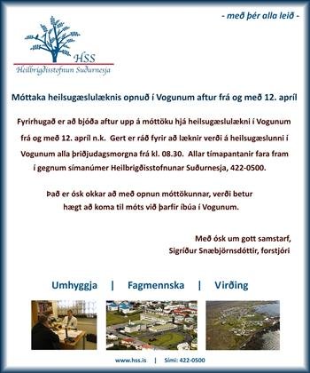 Móttaka heilsugæslulæknis opnuð í Vogunum aftur frá og með 12. apríl