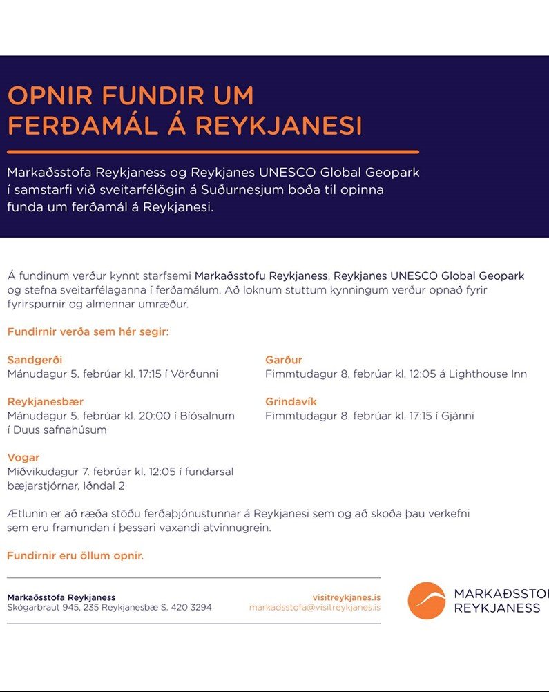 Fundur um ferðamál á Reykjanesi miðvikudaginn 7. febrúar kl. 12:05 í Vogum (Iðndal 2)