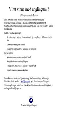 Laus er til umsóknar staða leiðbeinanda í kvöldstarfi unglinga í félagsmiðstöðinni Borunni.