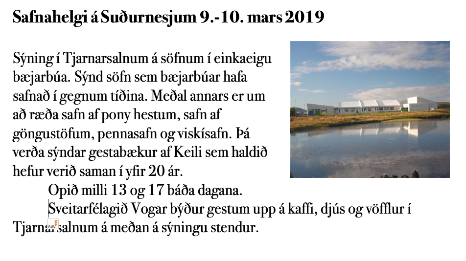 Saffnahelgi á Suðurnesjum. Sýning í Tjarnarsal.