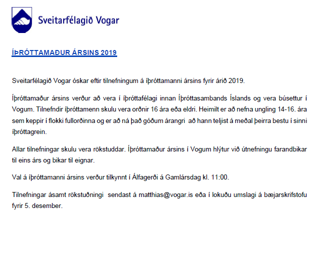 Íþróttamaður ársins 2019 í Sveitarfélaginu Vogum