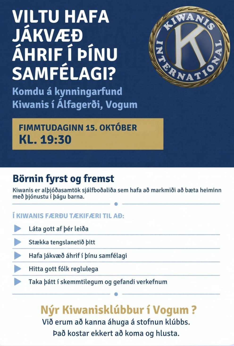 Kynningarfundur Kiwanis í Vogum – Viltu hafa jákvæð áhrif í þínu samfélagi?