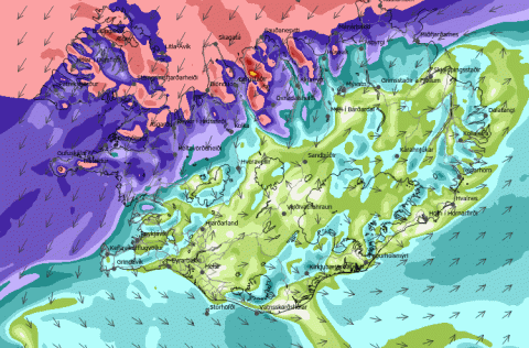 Vindaspá kl. 12.00 þriðjudaginn 10. desember 2019. Af vef Veðurstofu Íslands
