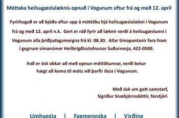 Móttaka heilsugæslulæknis opnuð í Vogunum aftur frá og með 12. apríl