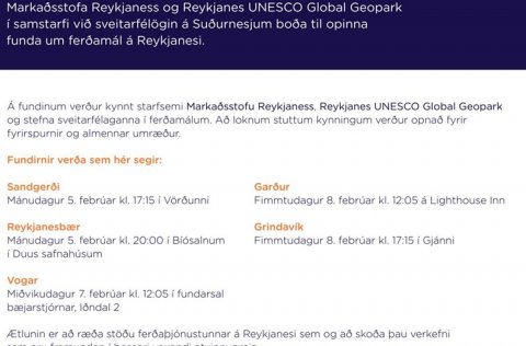 Fundur um ferðamál á Reykjanesi miðvikudaginn 7. febrúar kl. 12:05 í Vogum (Iðndal 2)
