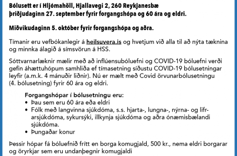 Allar inflúensu og Covid bólusetningar hjá HSS, fara fram í Hljómahöll 27. september og 5. október.
