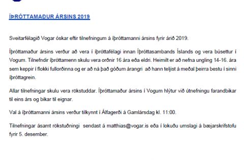Íþróttamaður ársins 2019 í Sveitarfélaginu Vogum